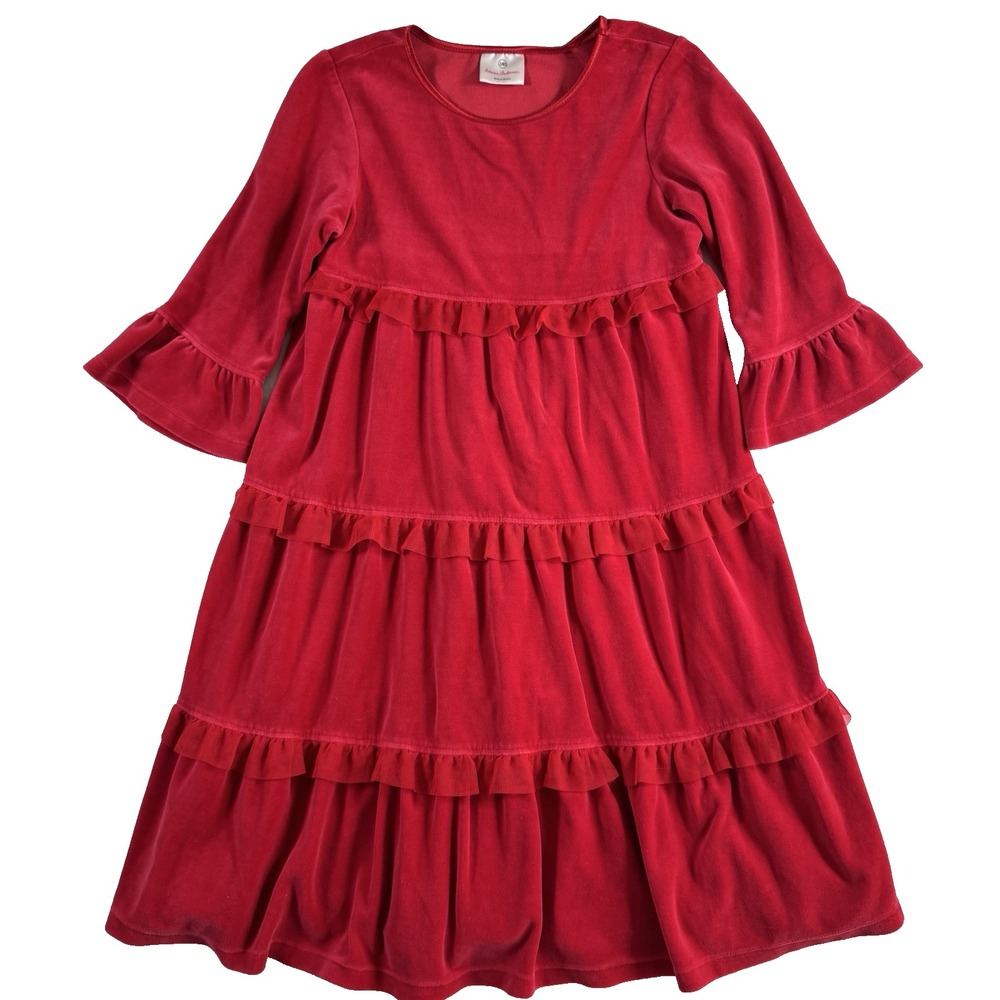 Hanna Andersson Tiered Velour Dress Girls 140 Red Ruffle Bell Sleeve Holiday